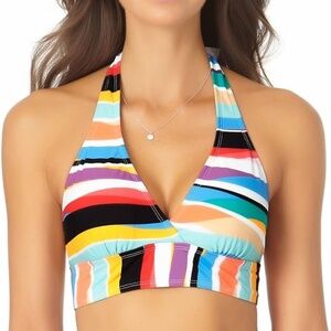 Anne Cole Bikini Top Wavy Stripe Marilyn Halter Bikini Top, Medium, Multi